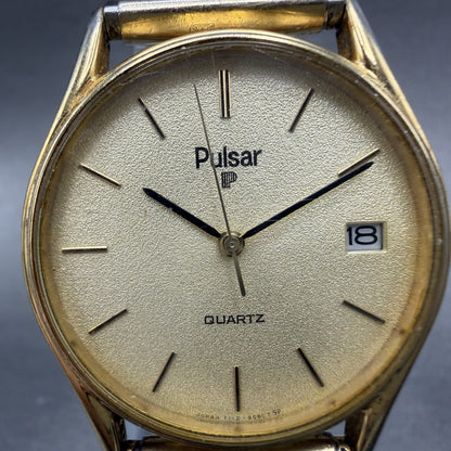 Seiko Pulsar Watch Men 32mm Champagne Dial Gold Tone Date Y112-8019 New Battery1