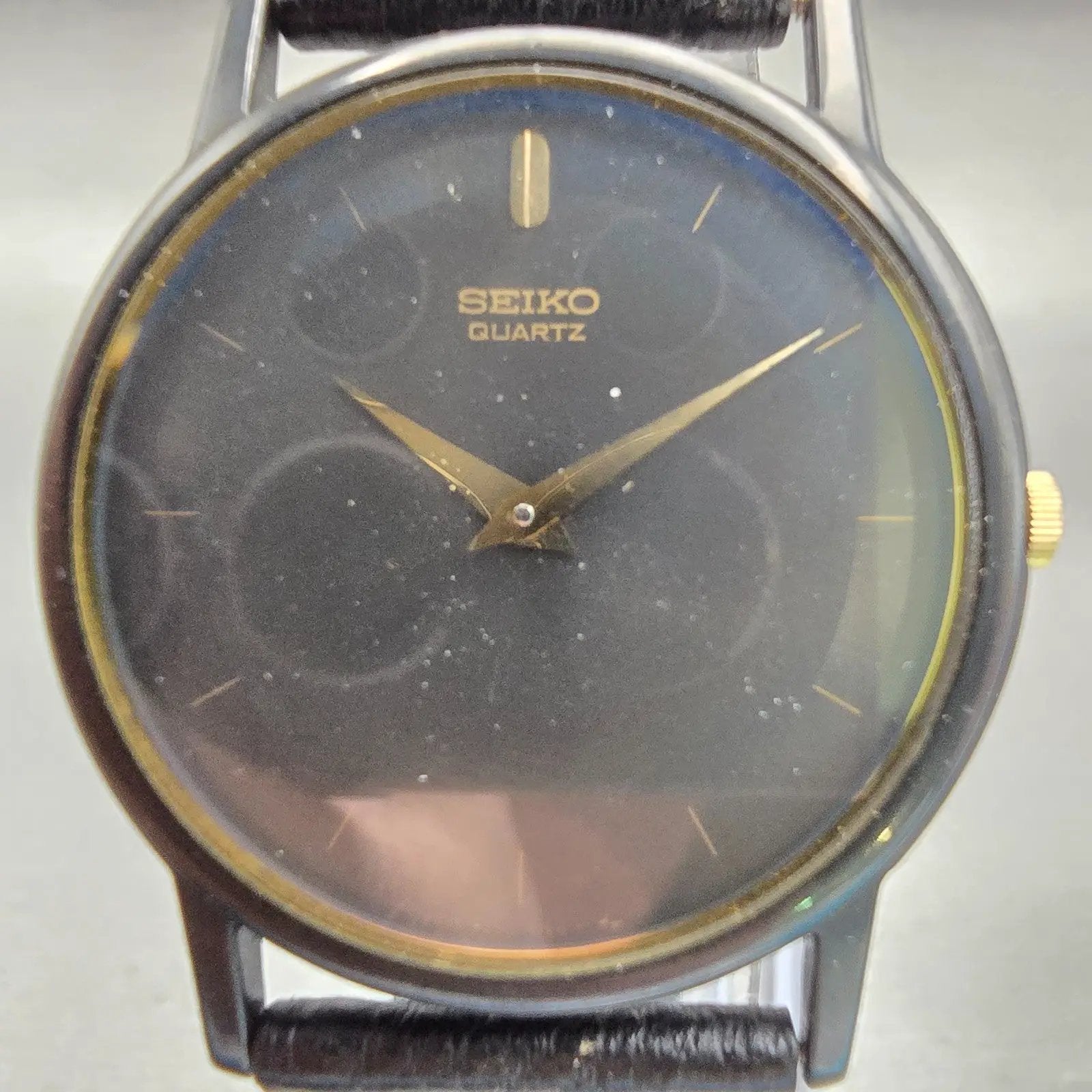Seiko Watch Men 32mm Black Dial Black Tone Round 7430-7039 New Battery Vintage1