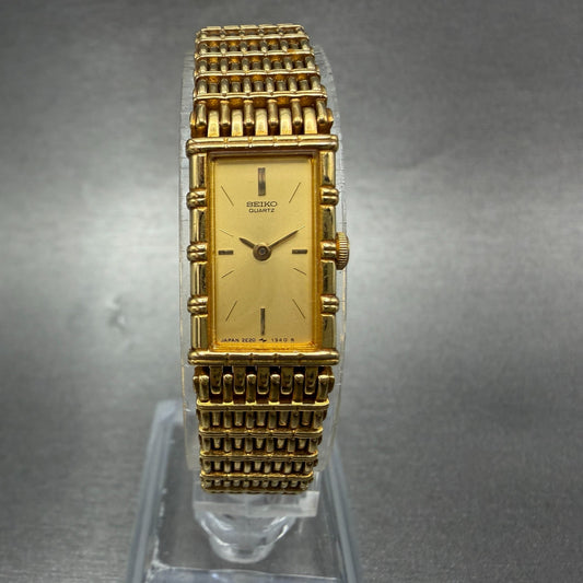 Seiko Tank Watch Women 12mm Champagne Dial Gold Tone 2e20-6109 New Battery 97KG0