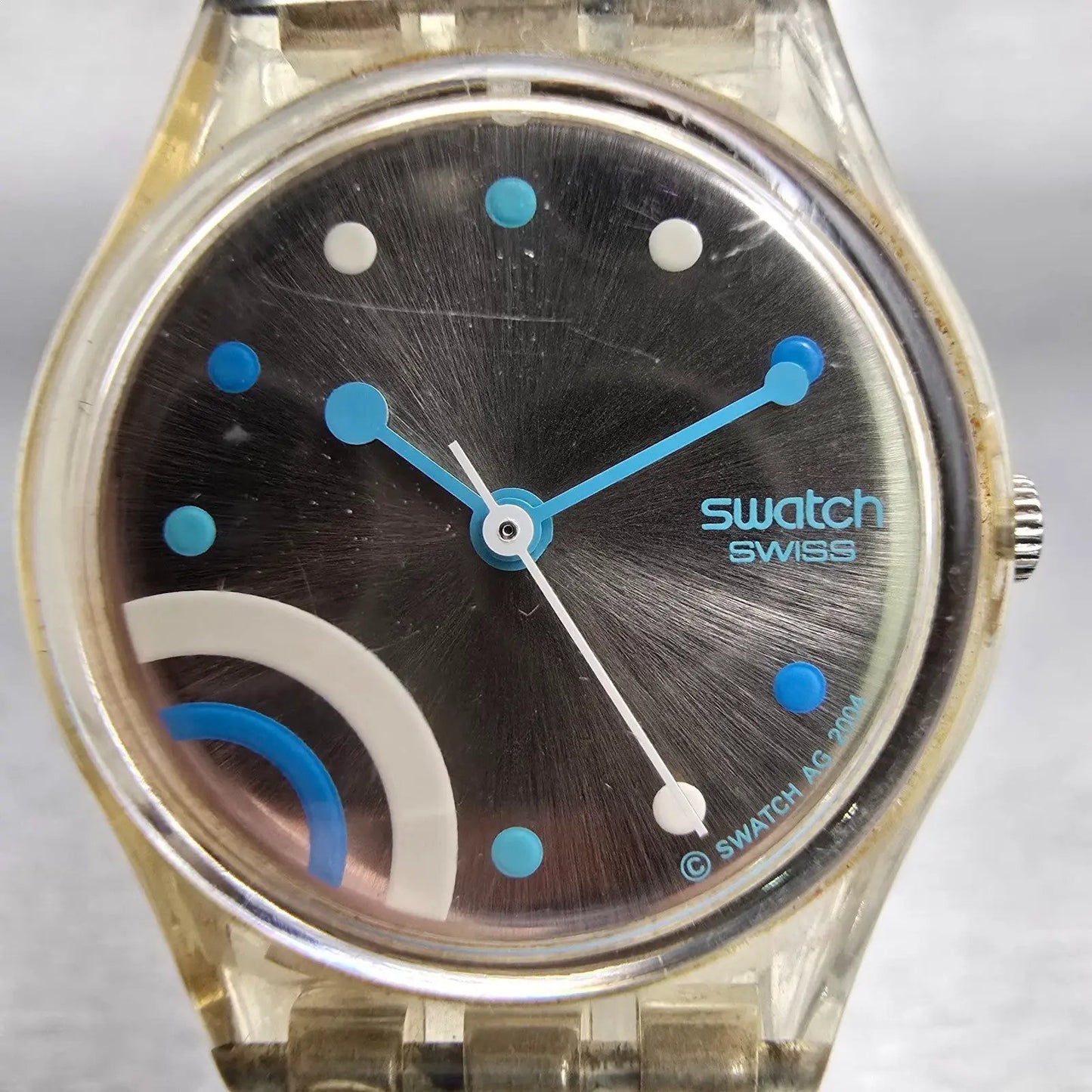 Swatch BATHROOM SMILES Watch Women Silver Dial Clear Case LK252G New Battery1