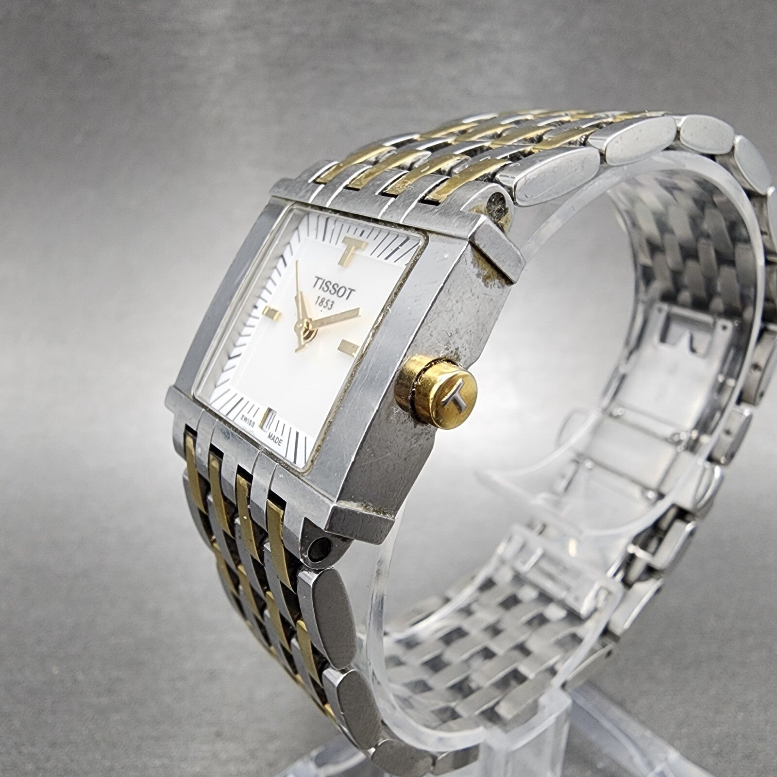 Tissot SixT Tank Watch Women 23mm MOP Dial Two Tone Date Rectangle New Battery2