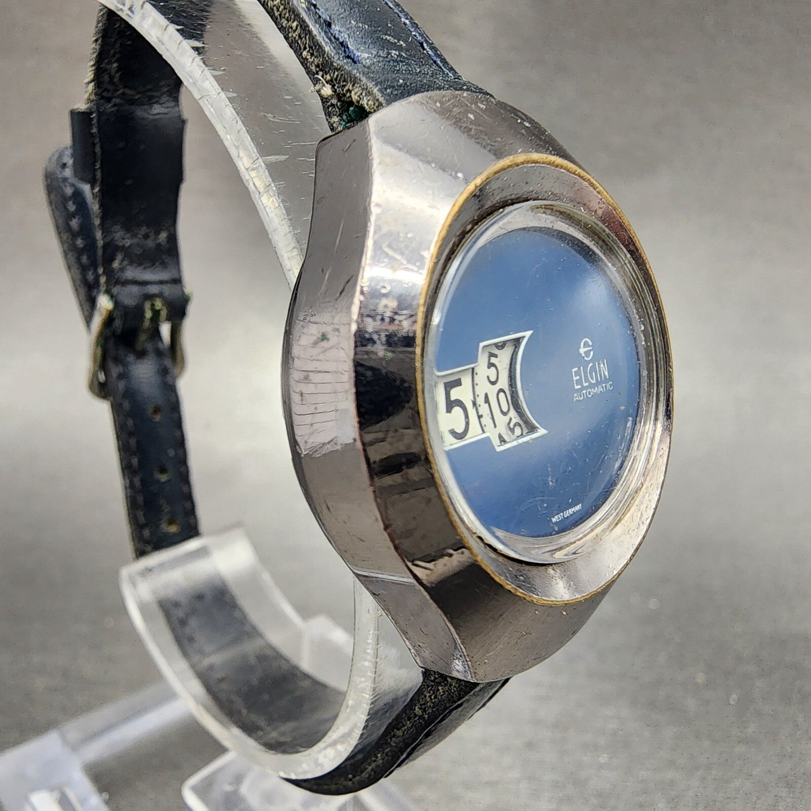 Elgin Jump Hour Automatic Watch Women 28mm Blue Dial Steel Vintage PARTS4