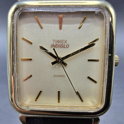 Timex Tank Watch Men 28mm Cream Dial Gold Rectangle Indiglo New Battery VTG1