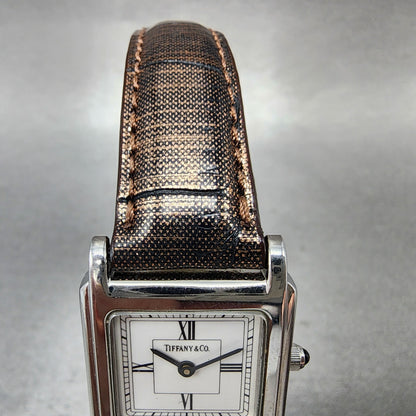 Tiffany & Co Tank Watch Women 23mm White Dial Steel Leather Band New Battery4