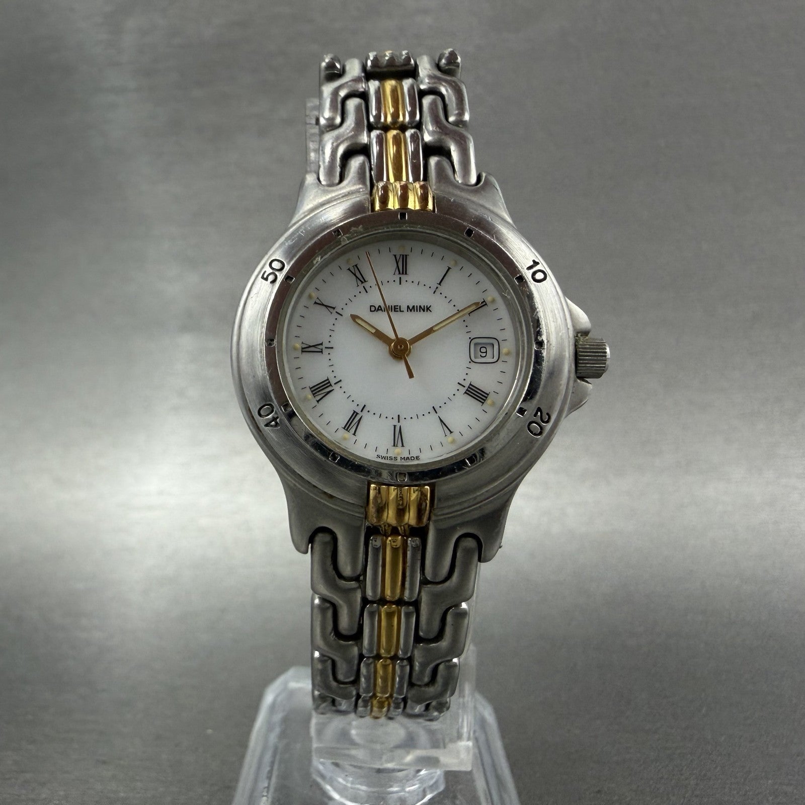 Daniel Mink Watch Women 28mm White Dial Two Tone Date Round 2651 New Battery5