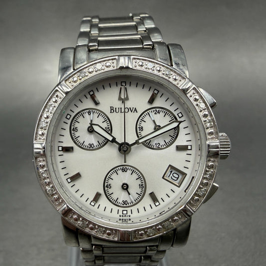 Bulova Chronograph Watch Women 30mm White Dial Silver Tone Date 96R19 New BattI50