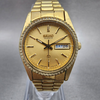 Seiko SQ Watch Women 25mm Gold Dial Gold Tone Daydate Round 2A230039 NewBat VTG0