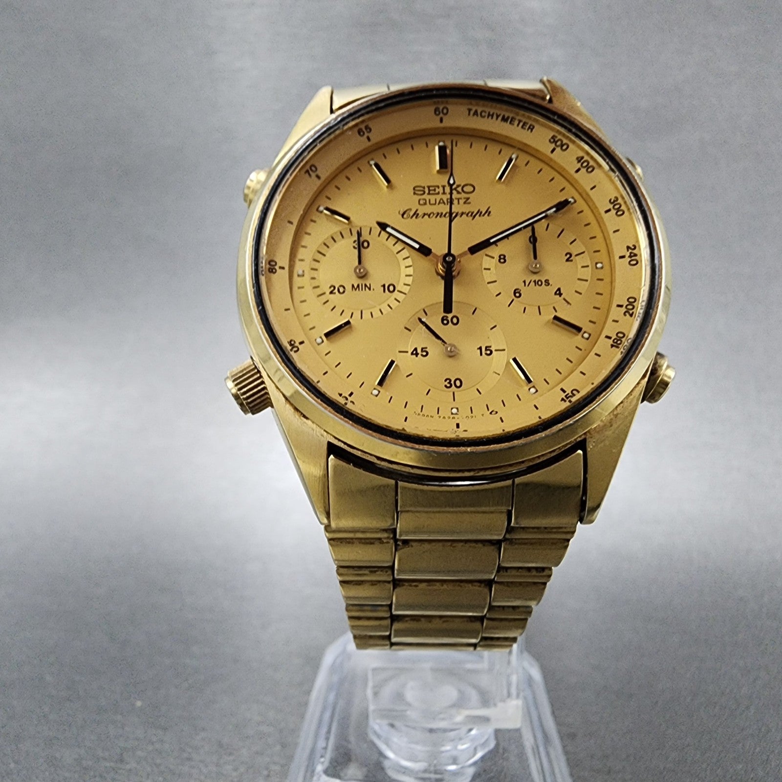 Seiko Chronograph Watch Men 37mm Champagne Dial God Tone 7a287029 New Battery5