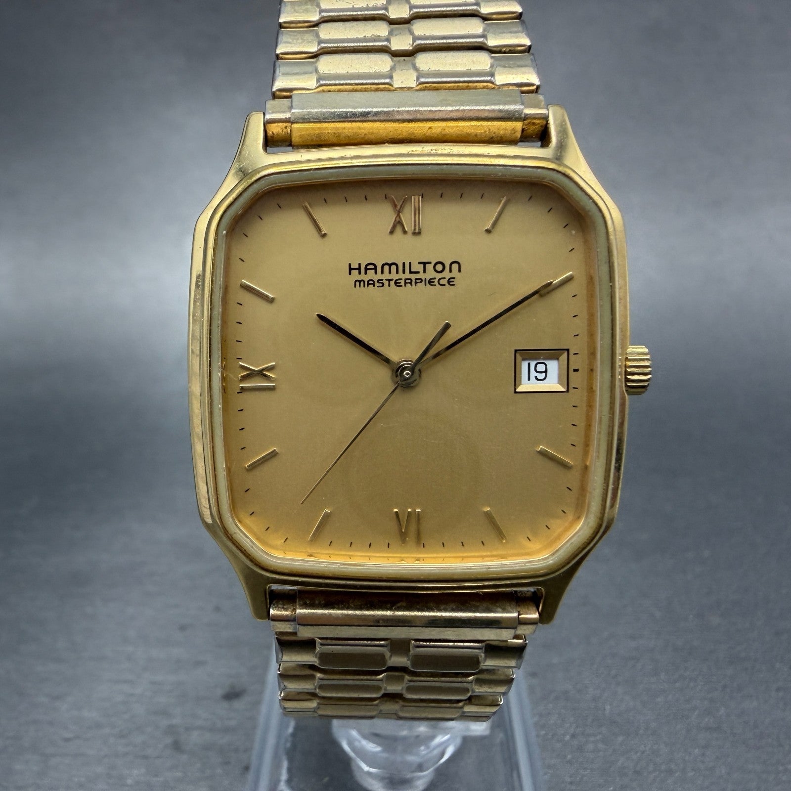 Hamilton Masterpiece Watch Men 30mm Gold Dial Gold Tone Date Rectangle New Batt0
