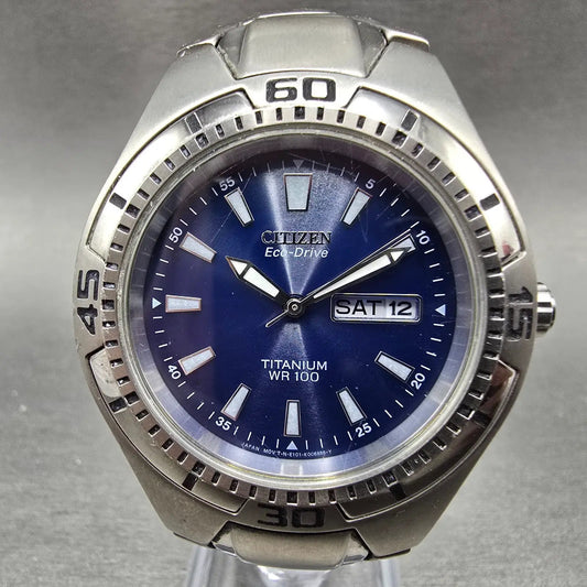 Citizen Eco-Drive Dive Watch Men 40mm Blue Dial Silver Daydate E101-K004403 Runs0