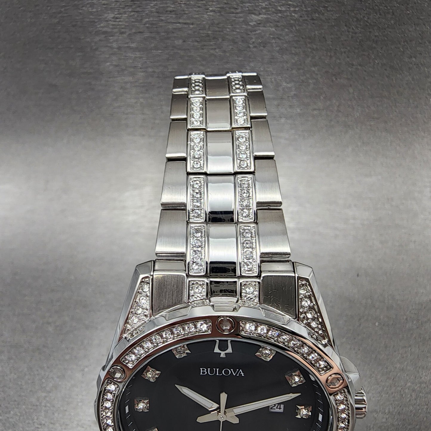 Bulova Watch Men 43mm Black Dial Steel Crystal Accents Date Round 96K105