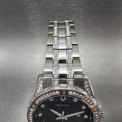 Bulova Watch Men 43mm Black Dial Steel Crystal Accents Date Round 96K105