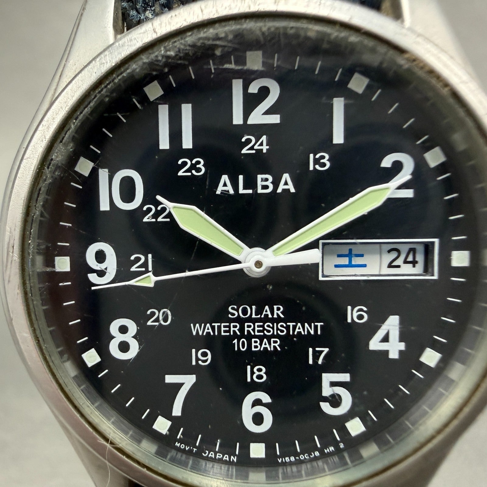 Seiko Alba Solar Watch Men 36mm Blue Dial Silver Tone Daydate V158-0AX0 Runs1