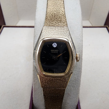Seiko Watch Women 17mm Black Dial Gold Tone Hexagom 4N005059 New Battery1