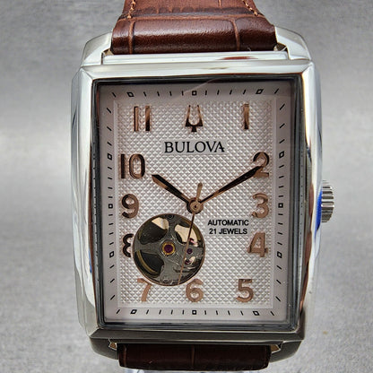 Bulova Sutton Tank Watch Men 33mm White Dial Steel Rectangle Automatic 96A2681