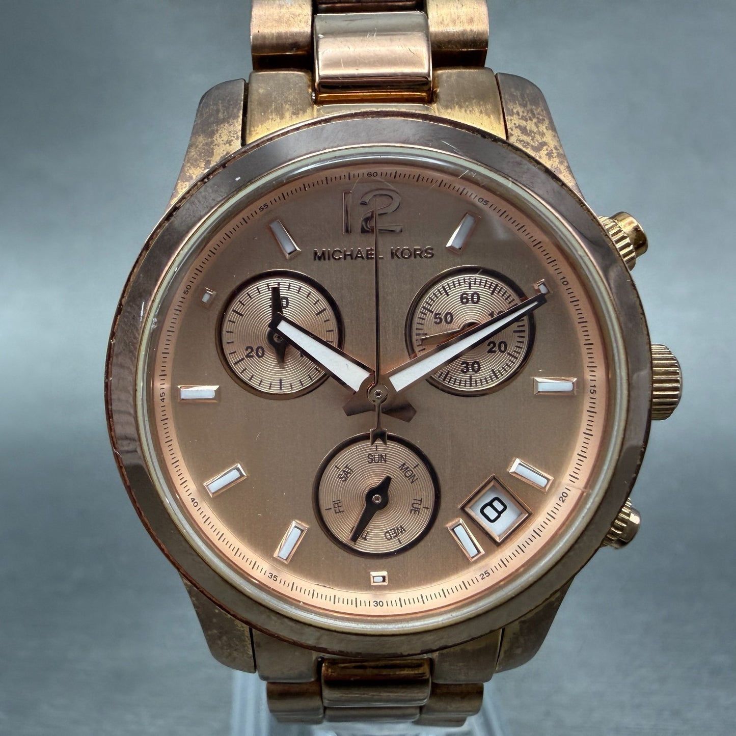 Michael Kors Runway Chronograph Watch Women 33mm Rose Dial Rose Gold New Battery0