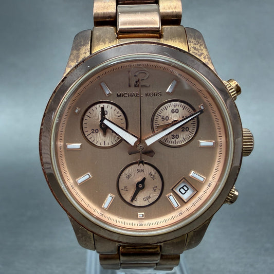 Michael Kors Runway Chronograph Watch Women 33mm Rose Dial Rose Gold New Battery0