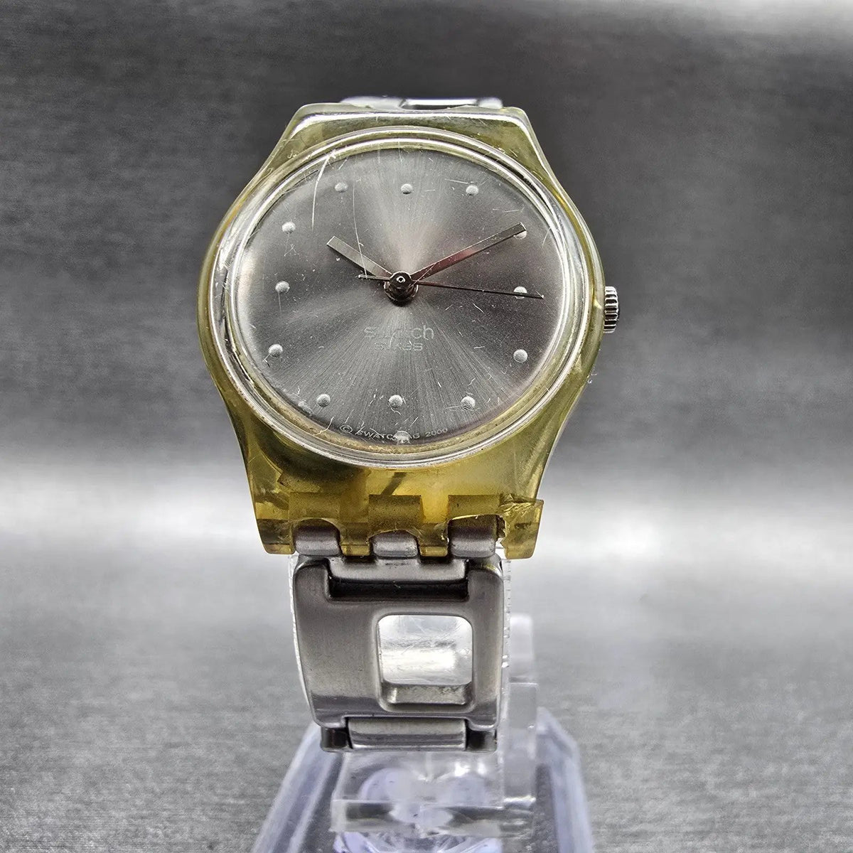 Swatch Silver Cobbles Watch Women 25mm Silver Dial Clear Case LM119 New Battery5