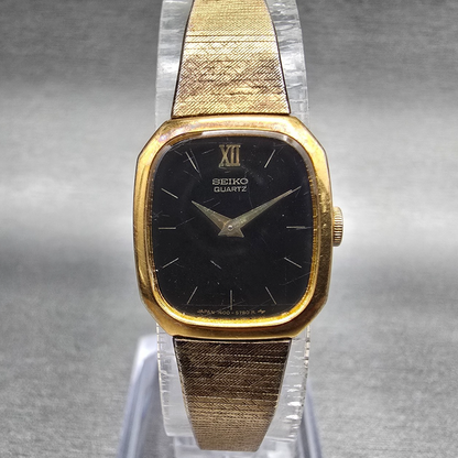 Seiko Watch Women 17mm Black Dial Gold Tone Rectangle 1400-8149 New Battery JP230