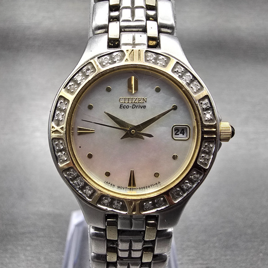 Citizen Eco-Drive Watch Women 25mm MOP Dial Two Tone Date Diamonds E011 Works0