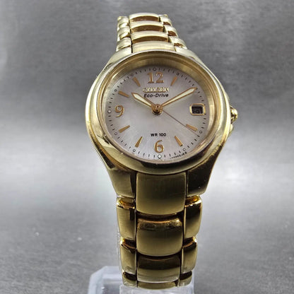 Citizen Eco-Drive Watch Women 25mm MOP Dial Gold Date E011-S039959 Round Works5