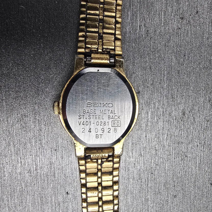 Seiko SX Watch Women 19mm Black Dial Gold Tone Round V401-0281 New Battery JP110
