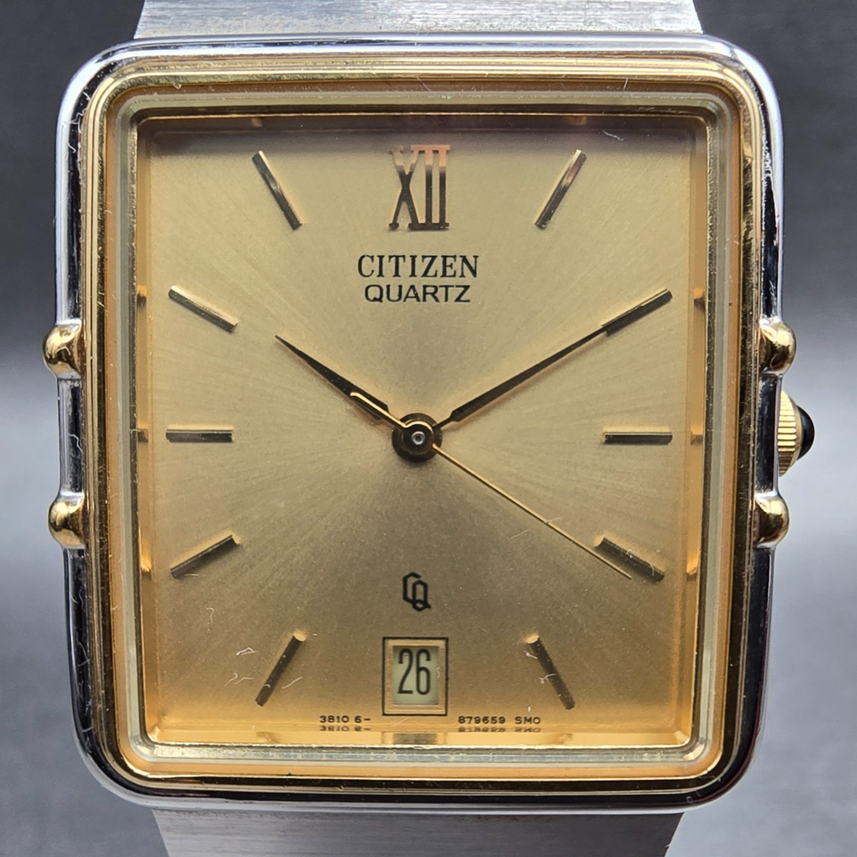 Citizen Tank Watch Men 28mm Gold Dial Gold Tone Date 3810-895100 New Battery CQ1