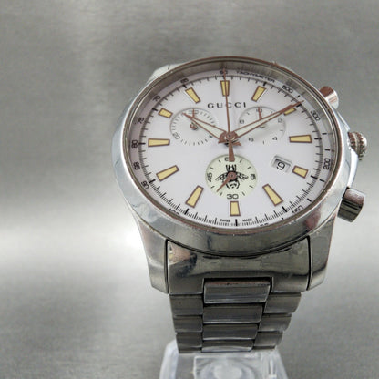 Gucci G-Timeless Chronograph Watch Men 39mm White Dial Steel Date Round New Batt