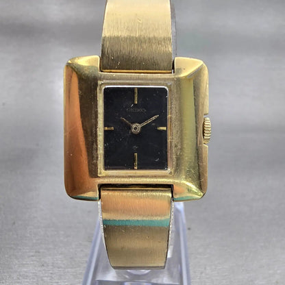 Seiko Watch Women 24mm Black Dial Gold Tone Rectangle 11-3478 Vintage Works0