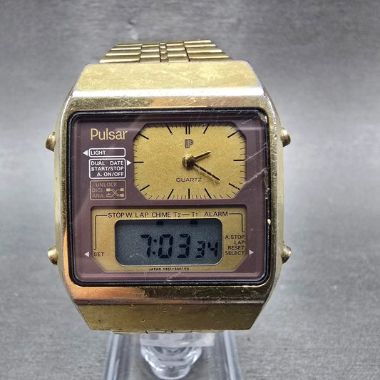 Pulsar Analog Digital Watch Men 32mm Gold Tone Alarm Chronograph Y651 New Battey0