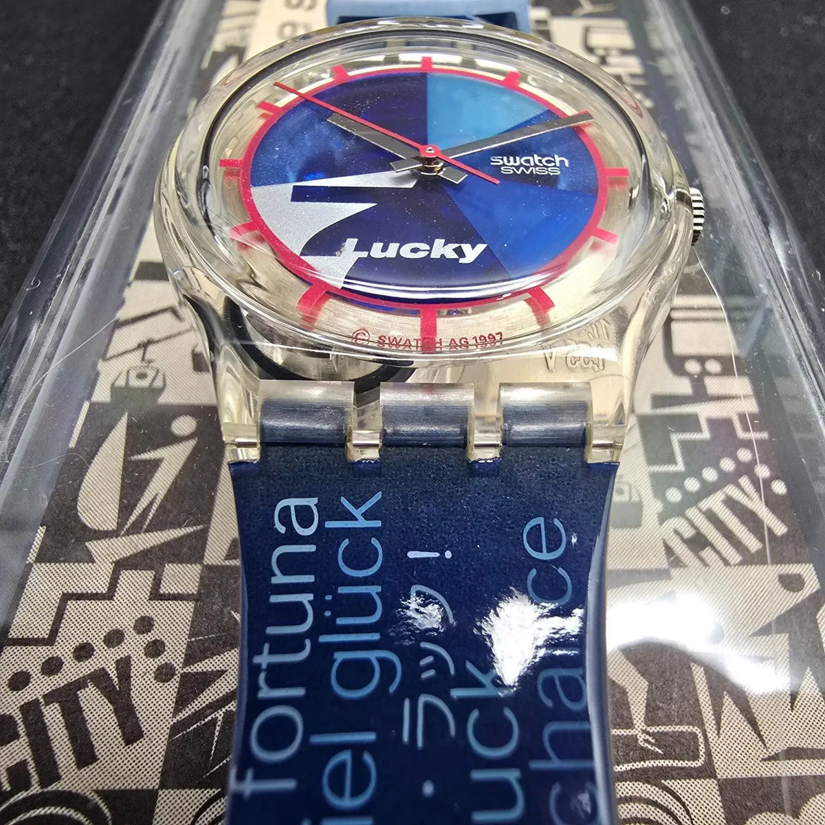 Swatch Access Lucky 7 Watch Men 34mm Blue Dial Clear Case SKZ116 New Battery NOS7