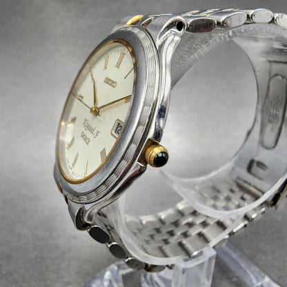 Seiko Dolce Watch Men 35mm  White Dial Two Tone Round Date 5e32-6b00 New Battery