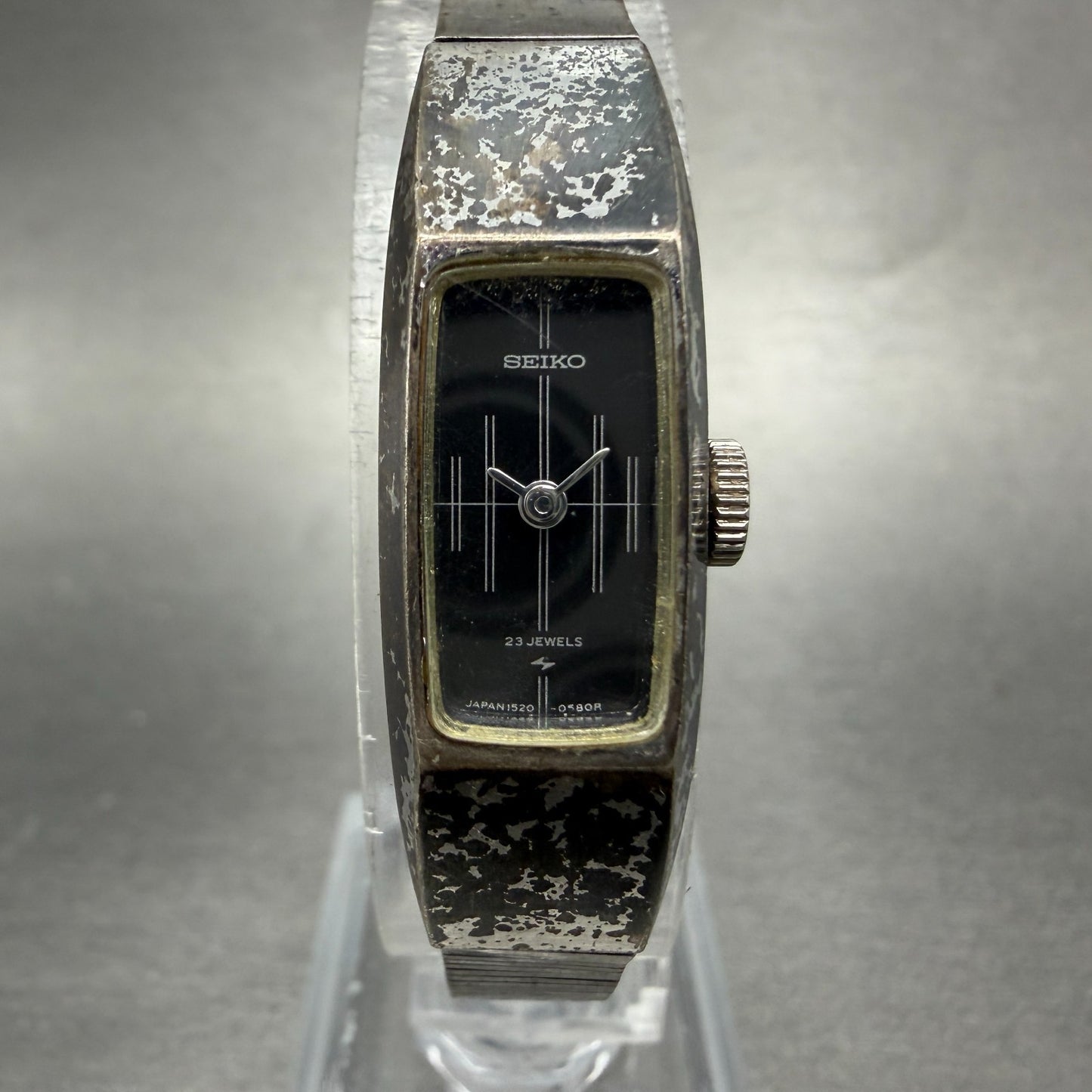 Seiko Tank Watch Women 13mm Black Dial Silver Tone Manual 1520-3580 Runs Vintage0
