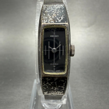 Seiko Tank Watch Women 13mm Black Dial Silver Tone Manual 1520-3580 Runs Vintage0