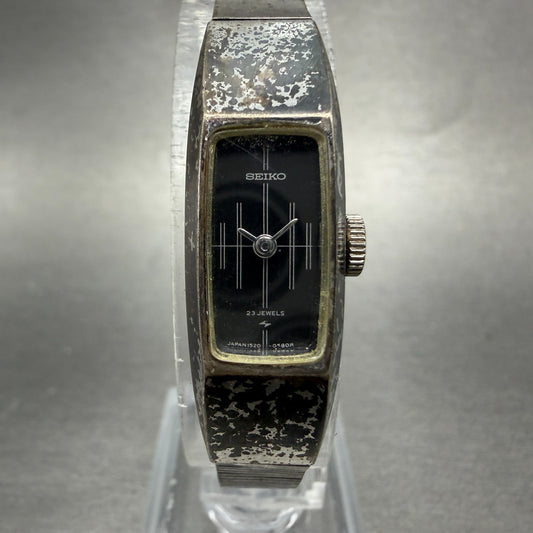 Seiko Tank Watch Women 13mm Black Dial Silver Tone Manual 1520-3580 Runs Vintage0