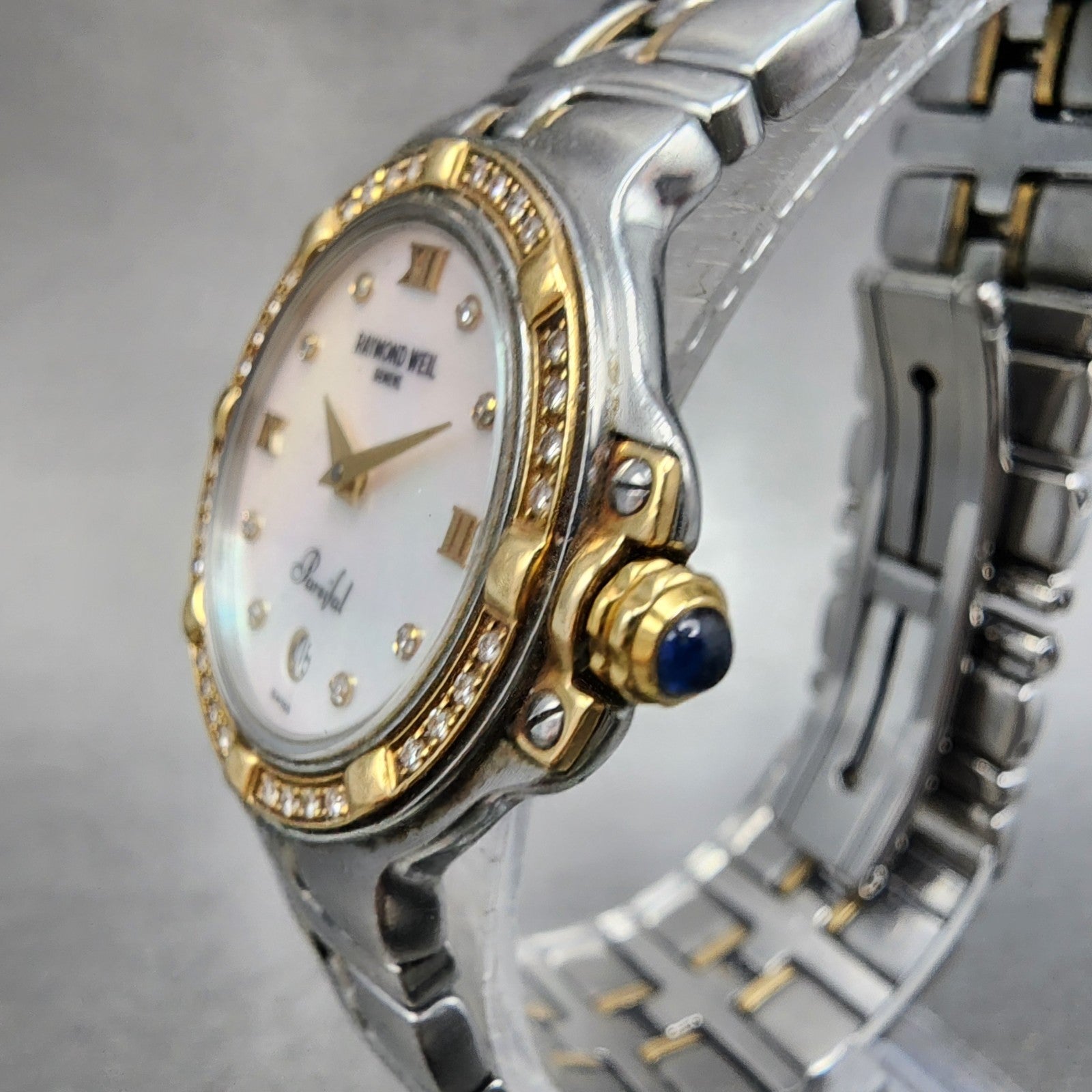 Raymond Weil Parsifal Watch Women 27mm MOP Dial Steel Diamond Bezel Date Newbatt2