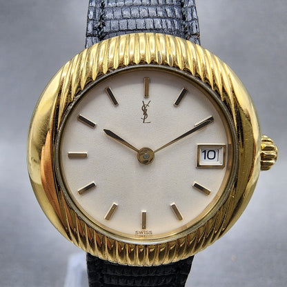 Yves Saint Laurent Watch Women 28mm Cream Dial Gold Tone Date Round New Battery1