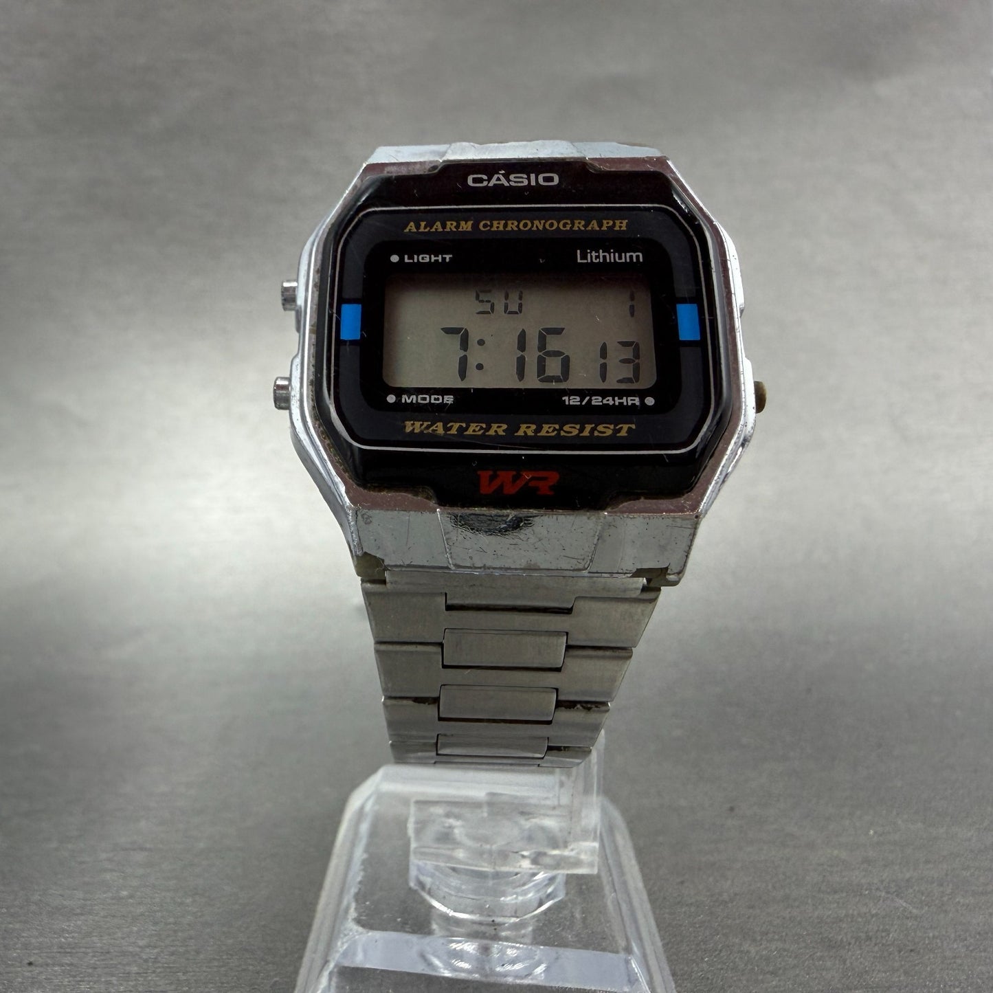 Casio A163W Watch Men 33mm Digital Silver Tone Alarm Chrono Octagon New batt VTG5