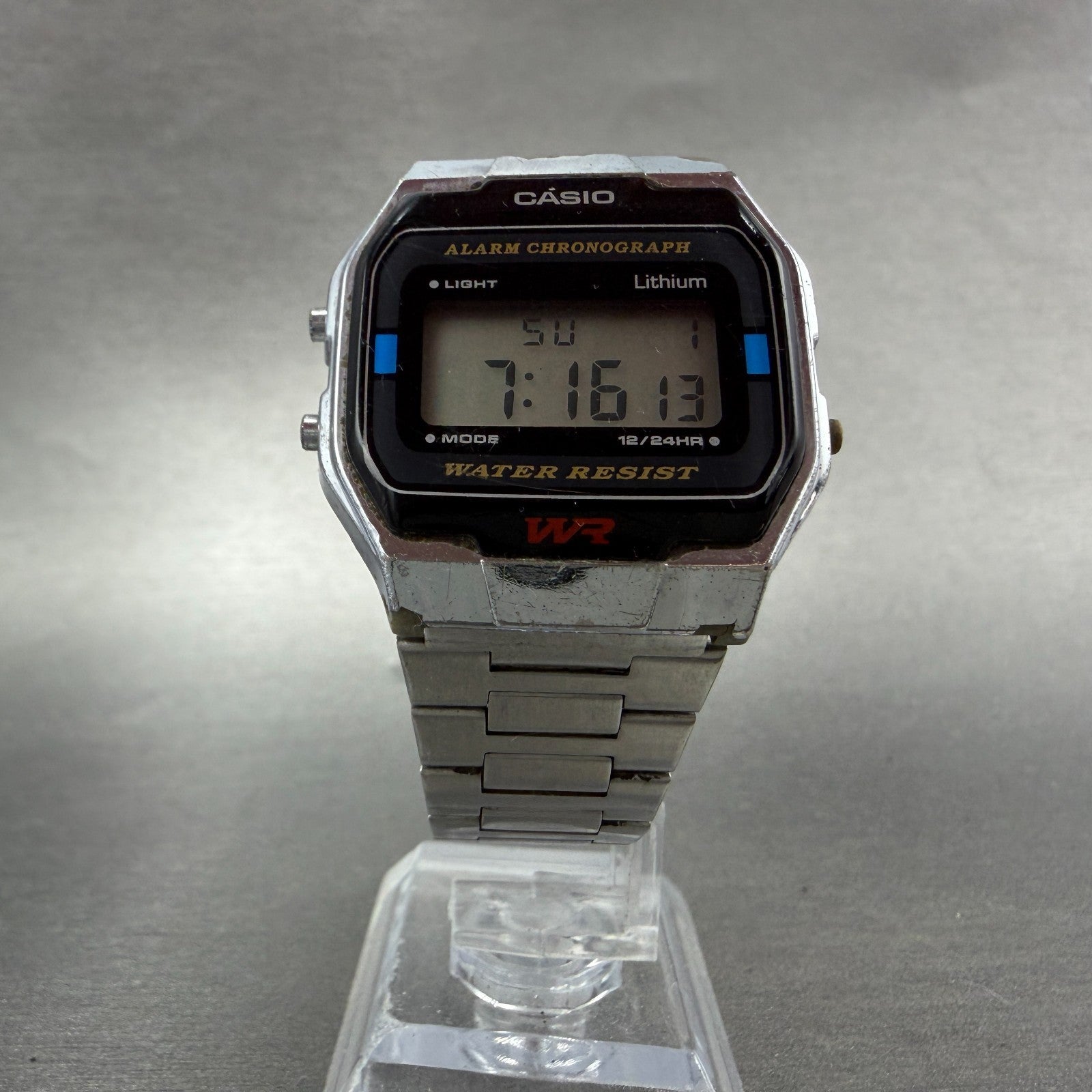 Casio A163W Watch Men 33mm Digital Silver Tone Alarm Chrono Octagon New batt VTG5