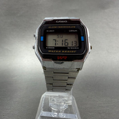 Casio A163W Watch Men 33mm Digital Silver Tone Alarm Chrono Octagon New batt VTG5