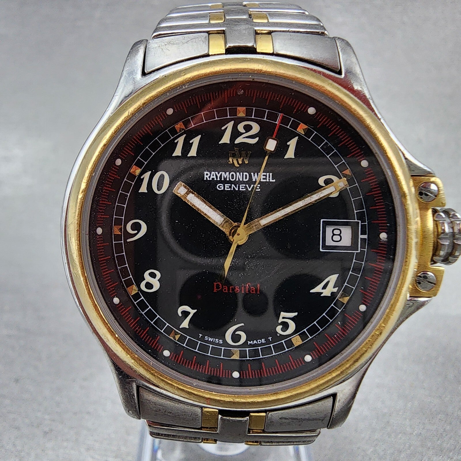 Raymond Weil Parsifal Watch Men 37mm Black Dial Two Tone Date Round READ!! NewBa3