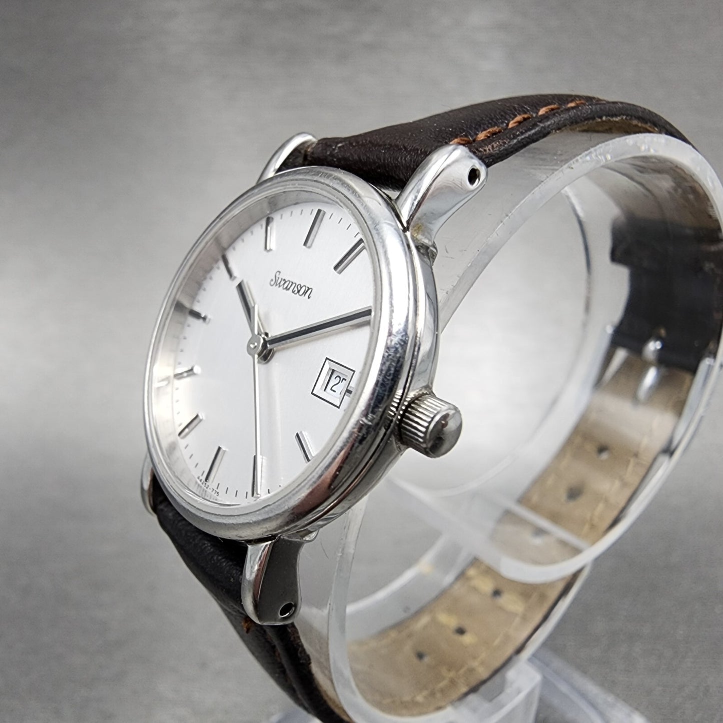 Swanson Watch Women 24mm Silver Dial Steel Date Round Leather New Battery