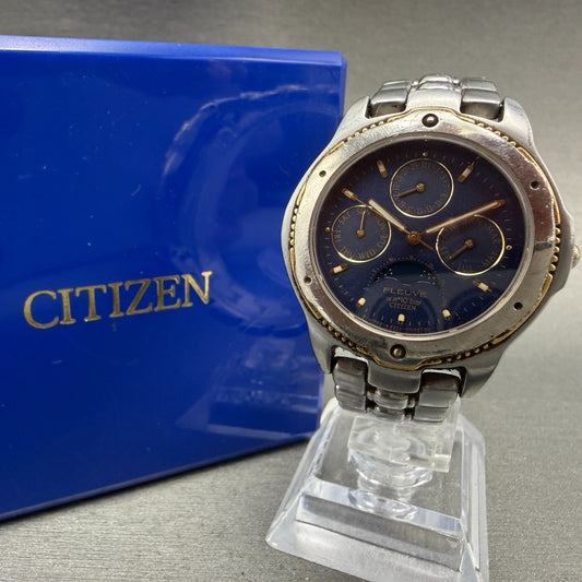 Citizen Fleuve Triple Calendar  Moonphase Watch Men 36mm Blue Dial Silver Runs0