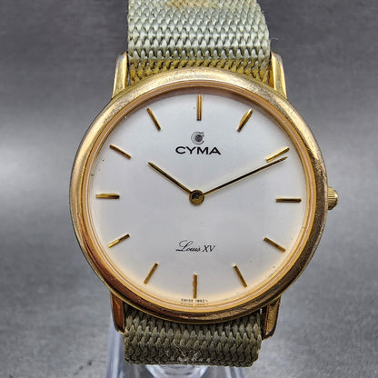 Cyma Louis XV Watch Men 32mm White Dial Gold Tone Round Nato Strap New Battery