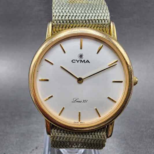 Cyma Louis XV Watch Men 32mm White Dial Gold Tone Round Nato Strap New Battery