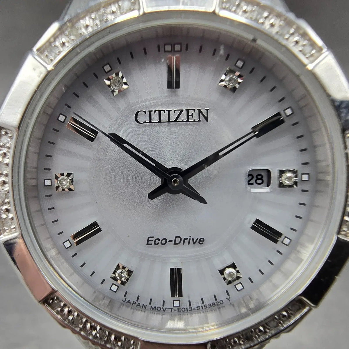 Citizen Eco-Drive Riva Watch Women 30mm Silver Dial Silver Date Diamonds Works1