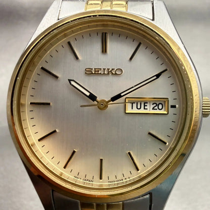 Seiko Watch Men 37mm Silver Dial Two Tone Daydate Round 7N43-9048 New Battery1