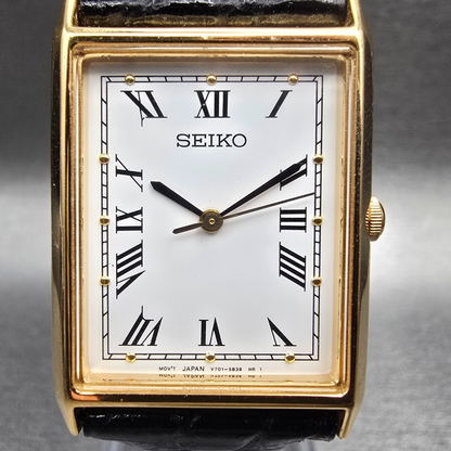 Seiko Tank Watch Men 24mm White Dial Gold Tone Rectangle V701-5E10 New Battery1