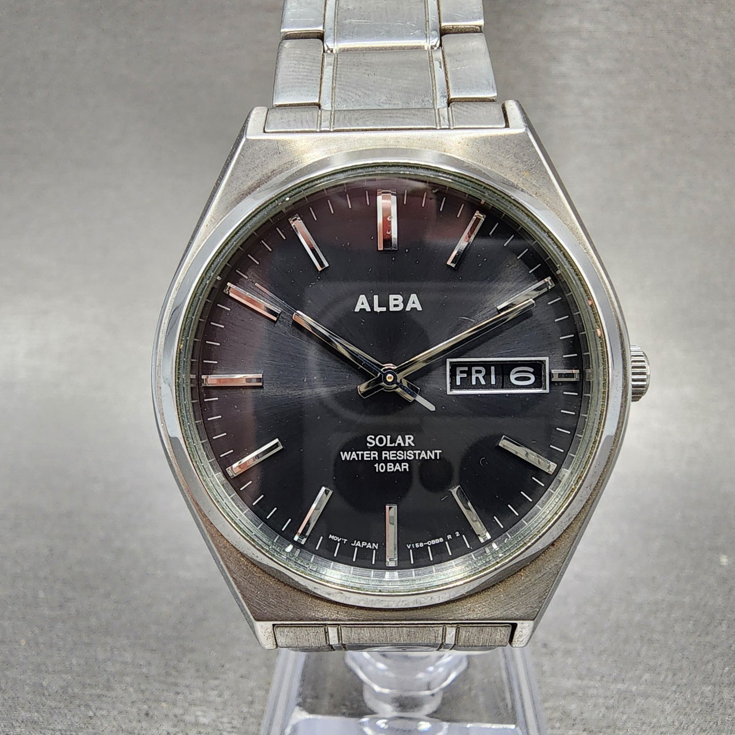 Seiko ALBA Solar Watch Men 36mm Black Dial Silver Tone Daydate Round V158 Runs0