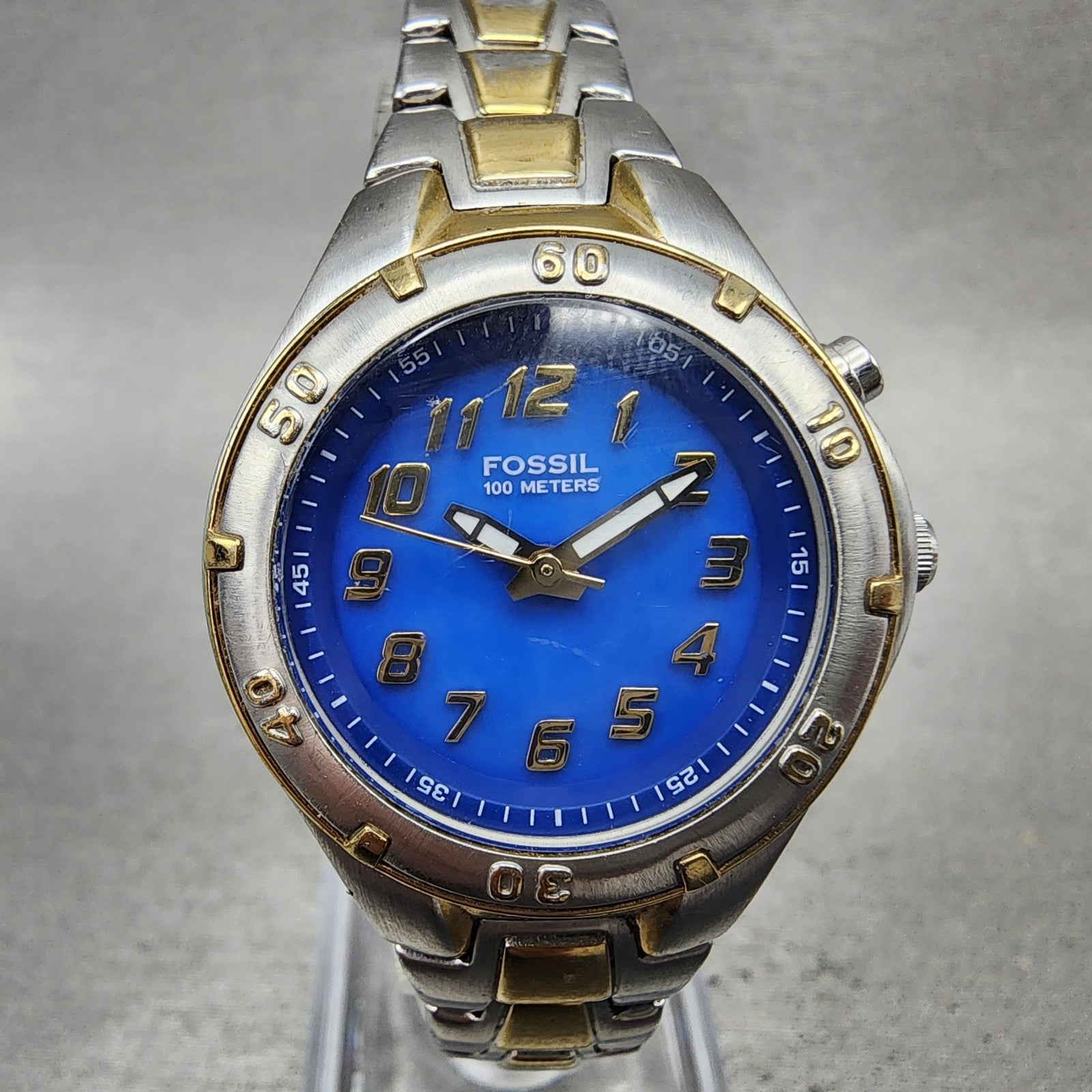Fossil Blue Dive Watch Women 29mm Blue Dial Two Tone AM3951 New Battery0